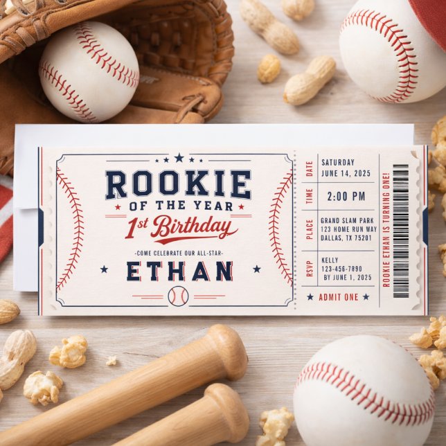 Invitation Recrue de l'année billet de baseball  1er annivers (Rookie of the Year Baseball Ticket 1st Birthday Invitation)