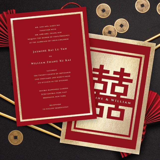Invitation Rectangle Classique Double Bonheur Mariage Chinois (Red/Gold Classic Rectangle Double Happiness 囍 Chinese Wedding Invitation @ fatfatin_red_knot)