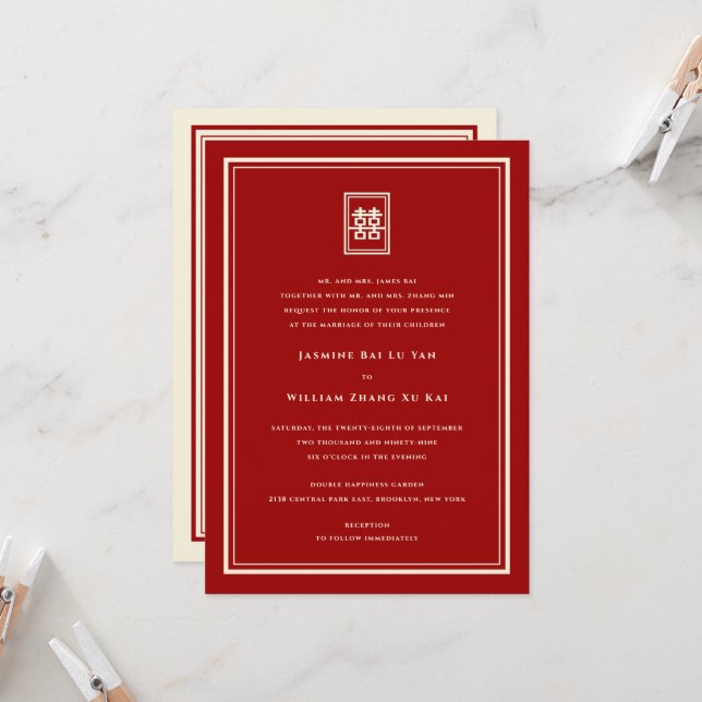 Invitation Rectangle classique Double Bonheur Mariage chinois (Devant/Arrière en situation)