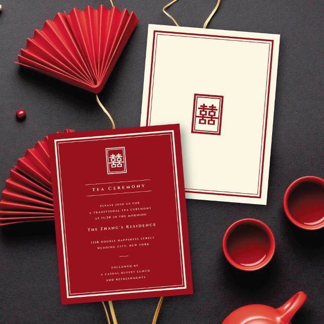 Invitation Rectangle Classique Thé de la Double Félicité Céré (Red/Ivory Classic Rectangle Double Happiness Tea Ceremony Enclosure Card @ fatfatin_red_knot)
