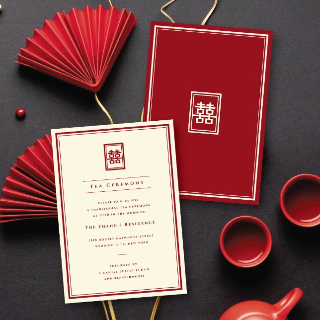 Invitation Rectangle Classique Thé de la Double Félicité Céré (Red/Ivory Classic Rectangle Double Happiness Tea Ceremony Enclosure Card @ fatfatin_red_knot)