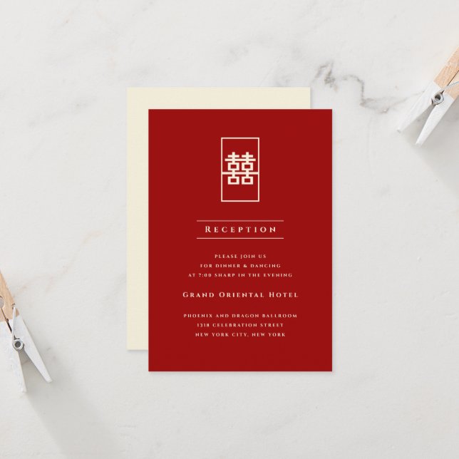 Invitation Rectangle Double Bonheur Mariage Chinois Simple (Devant/Arrière en situation)