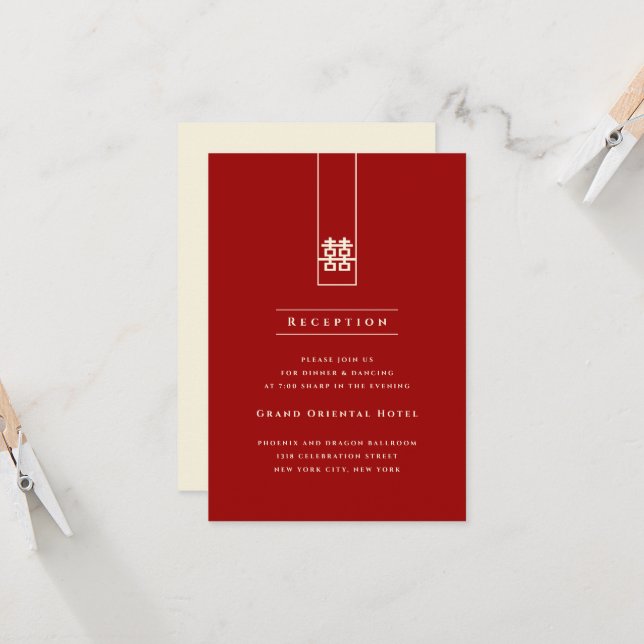 Invitation Rectangle Double Bonheur Simple Mariage Chinois (Devant/Arrière en situation)
