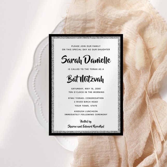 Invitation Rectangle noir et argent Bat mitzvah (Créateur téléchargé)