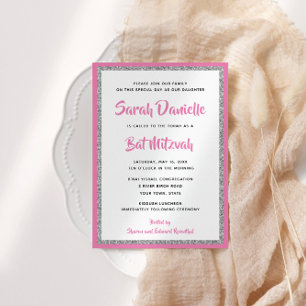 Invitation Rectangle rose et argenté Bat mitzvah
