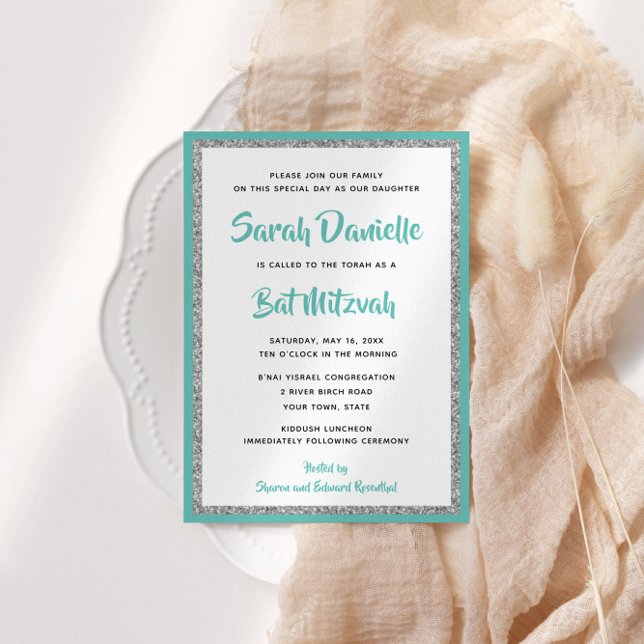 Invitation Rectangle Turquoise et argenté Bat mitzvah (Créateur téléchargé)