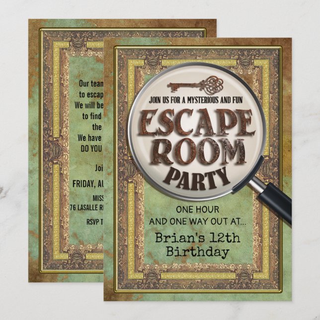 Invitation recto verso pour une soirée Escape Room (Devant / Derrière)