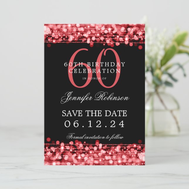 Invitation Red 60th Birthday Party Enregistrer la date (Debout devant)
