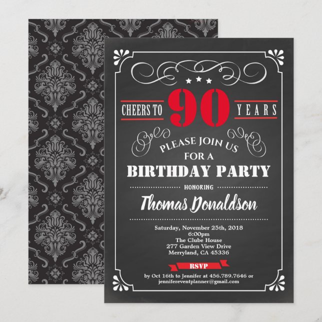 Invitation Red 90th birthday chalkboard vintage (Devant / Derrière)