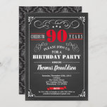 Invitation Red 90th birthday chalkboard vintage<br><div class="desc">[Any Age. All text are editable]

Thème : Birthday,  Anniversary,  Retirement Party / Celebration 
Style : rétro,  vintage,  élégant
Colors : Black,  Red and White.
graphics: retro chalkboard ,  vintage typographiy and frame,  damask background,  red lettering.</div>