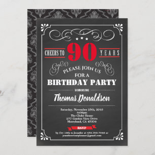 Invitation Red 90th birthday chalkboard vintage