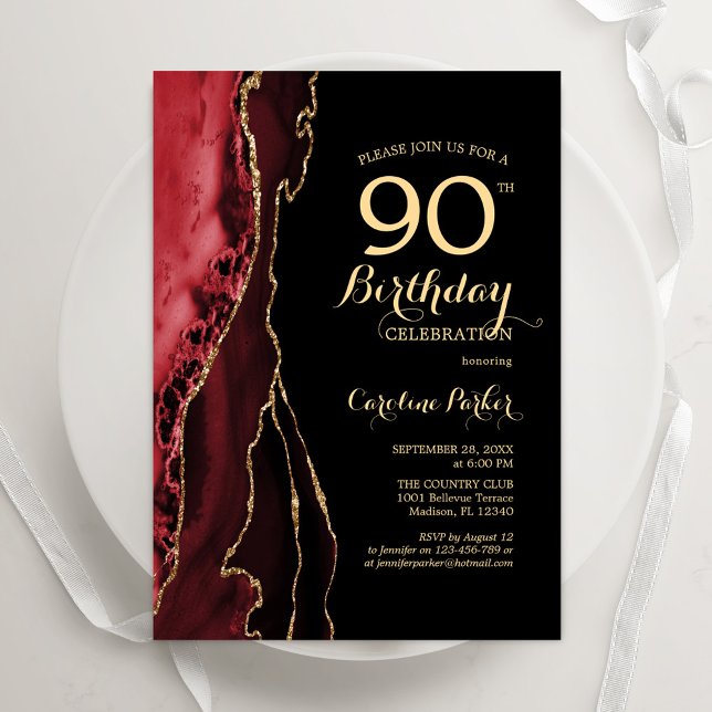 Invitation Red Agate Gold Black 90e anniversaire (Créateur téléchargé)