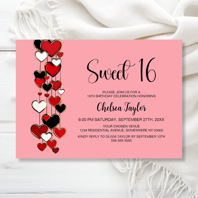 Invitation Red and Black Heart Theme Sweet 16 Birthday (Créateur téléchargé)
