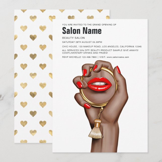 Invitation Red and Gold Glam Chic Beauon Salon Ouverture (Devant / Derrière)
