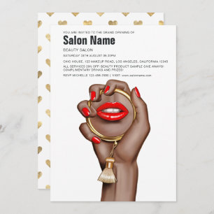 Invitation Red and Gold Glam Chic Beauon Salon Ouverture