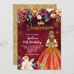 Invitation Red and Gold Mexicaine Princesse Quinceañera Anniv