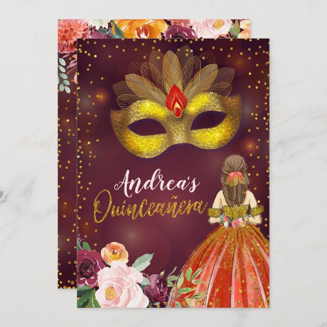 Invitation Red and Gold Mexicaine Princesse Quinceañera Anniv (Devant / Derrière)