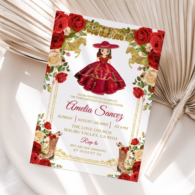 Invitation Red and Gold Mexicaine Tres Añ os Anniversaire (Créateur téléchargé)