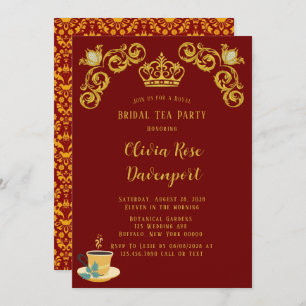 Invitation Red and Gold Royal Crown Damask Bride Tea Party