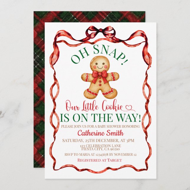 Invitation Red and Green  Gingerbread Christmas Baby Shower  (Devant / Derrière)