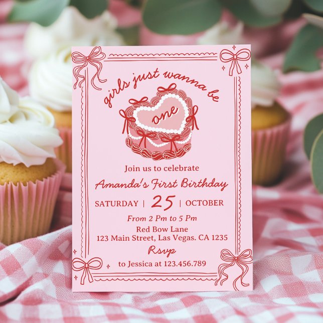 Invitation Red and Pink Bow Girls Just Wanna Be One Birthday (Créateur téléchargé)