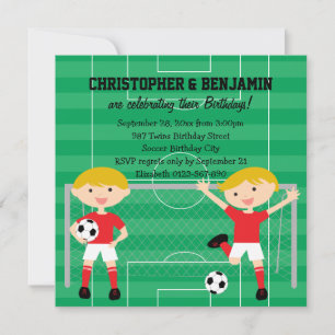 Invitation Red and White Twin Boys Soccer v2 Anniversaire Par