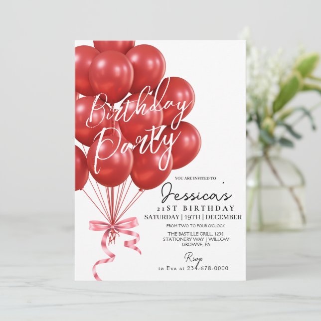 Invitation Red Balloon Script  Modern Birthday Party (Debout devant)