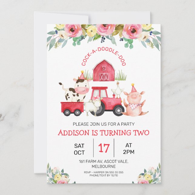 Invitation Red Barn and Tractor Floral Farm Anniversaire (Devant)