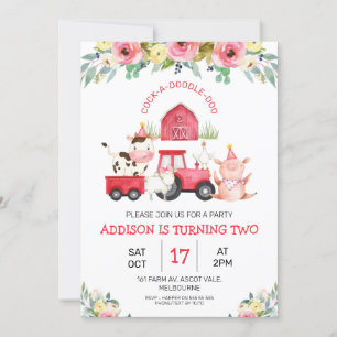 Invitation Red Barn and Tractor Floral Farm Anniversaire