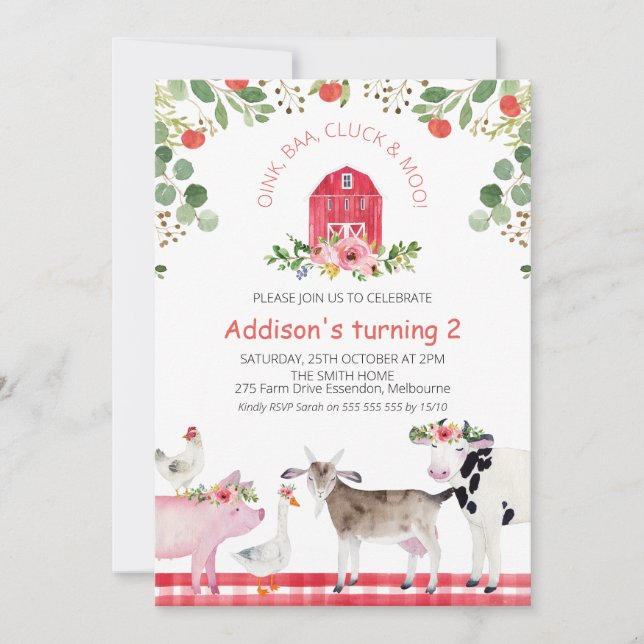 Invitation Red Barn Farm Animaux Pommes Anniversaire Invitati (Devant)