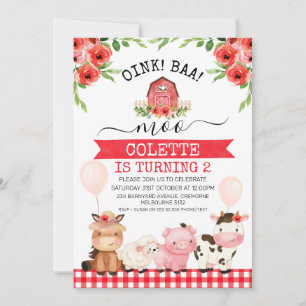 Invitation Red Barn Oink Baa Moo Animaux de ferme Anniversair