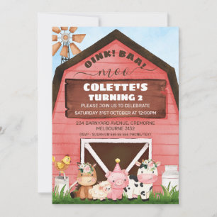 Invitation Red Barn Oink Baa Moo Animaux de ferme Anniversair