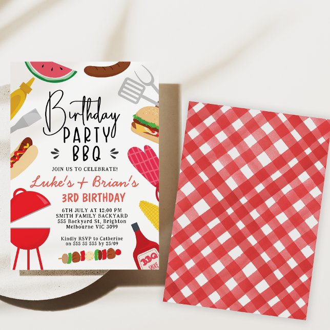 Invitation Red Bbq Twins ou participer à l'invitation d'anniv (Red Joint BBQ birthday Party Invitation, Dual BBQ Birthday Party Invite Barbecue Summer Party Invite)