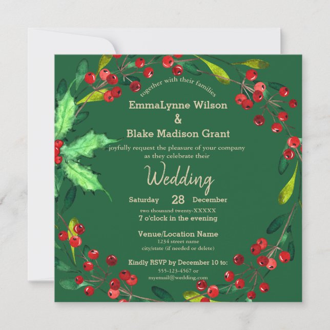 Invitation Red Berries Wreath Green Gold Mariage de Noël (Devant)