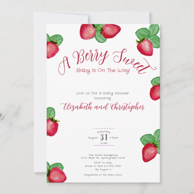 Invitation Red Berry Sweet Strawberry Girl Baby Shower (Devant)