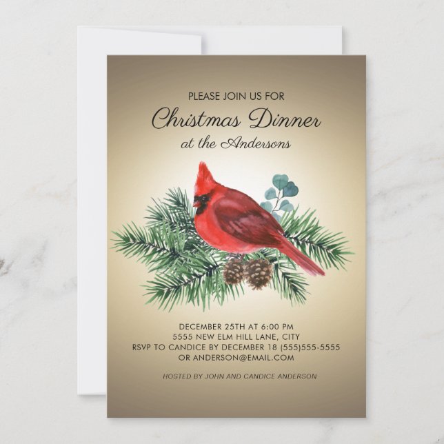 Invitation Red Bird Cardinal Pine Branches Dîner de Noël (Devant)