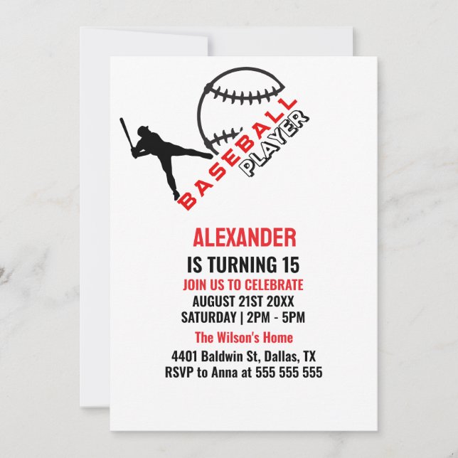Invitation Red Black Baseball Girl Boy Birthday Party (Devant)