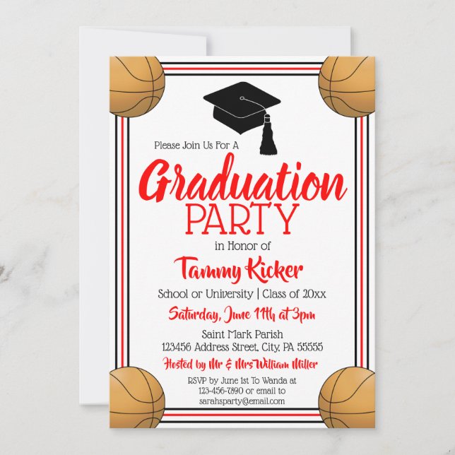 Invitation Red & Black Basketball Graduation Party (Devant)
