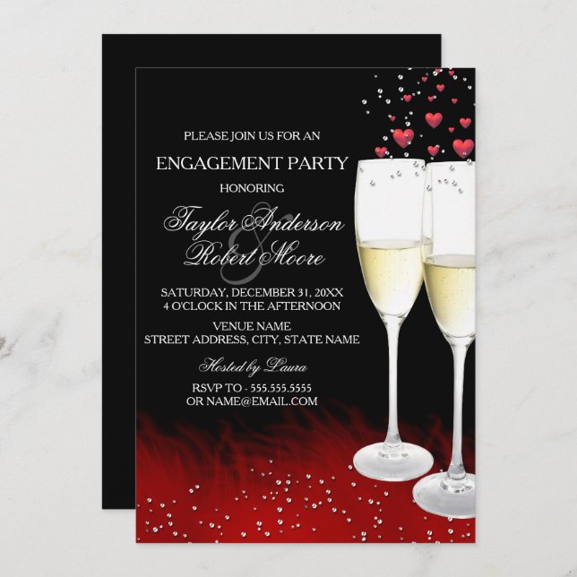 Invitation Red Black Champagne & Hearts (Devant / Derrière)