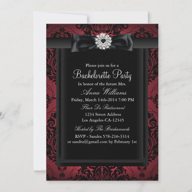 Invitation Red & Black Chic Damask Bachelorette Party (Devant)