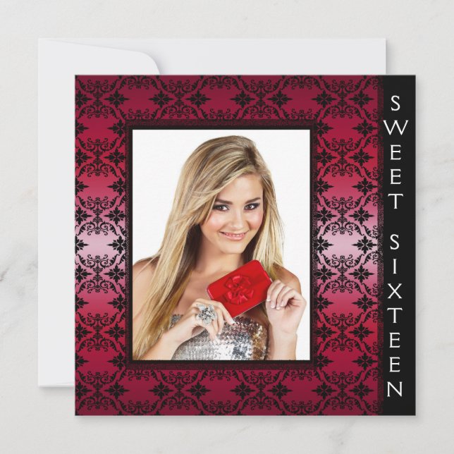 Invitation Red Black Damask Photo Sweet 16 Anniversaire (Devant)
