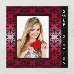 Invitation Red Black Damask Photo Sweet 16 Anniversaire