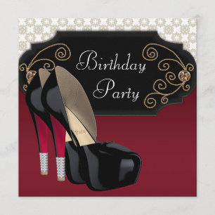 Invitation Red Black Damask talon haute chaussures fête d'ann