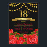 Invitation Red Black Gold 18e fête d'anniversaire<br><div class="desc">Filles 18ème anniversaire invitation avec de beaux numéros d'or et des bannières sur un joli arrière - plan floral rose noir et or rouge. Cette élégante invitation moderne rouge et or 18ème anniversaire est facilement customisée pour votre événement en ajoutant simplement vos détails dans le style de police que vous...</div>