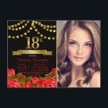 Invitation Red Black Gold 18e fête d'anniversaire<br><div class="desc">Filles 18ème anniversaire invitation avec de beaux numéros d'or et des bannières sur un joli arrière - plan floral rose noir et or rouge. Cette élégante invitation à la fête du 18ème anniversaire de photo est facilement customisée pour votre événement en ajoutant simplement votre photo et les détails de l'événement...</div>