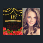 Invitation Red Black Gold 18e fête d'anniversaire<br><div class="desc">Filles 18ème anniversaire invitation avec de beaux numéros d'or et des bannières sur un joli arrière - plan floral rose noir et or rouge. Cette élégante invitation à la fête du 18ème anniversaire de photo est facilement customisée pour votre événement en ajoutant simplement votre photo et les détails de l'événement...</div>
