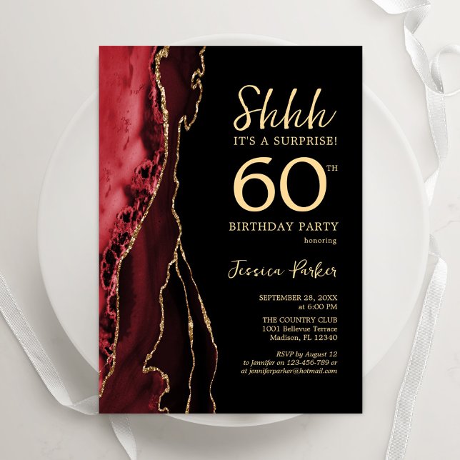 Invitation Red Black Gold Agate Surprise 60e anniversaire (Créateur téléchargé)