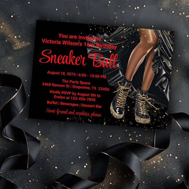 Invitation Red Black Gold Sneakers Sneaker Ball (Pretty black and gold sneaker ball invitation. You can change the background color and text color.)
