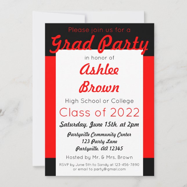 Invitation Red Black Grad Party Gras Graduation (Devant)