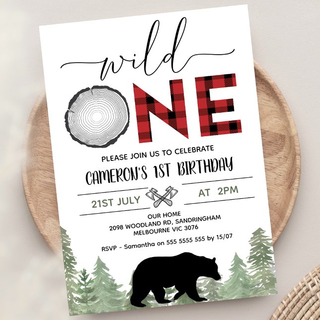 Invitation Red Black Green Wild One Lumberjack 1er anniversai (Wild One Lumberjack 1st Birthday Invitation For Baby Boy, Lumberjack First Birthday party Invite, )